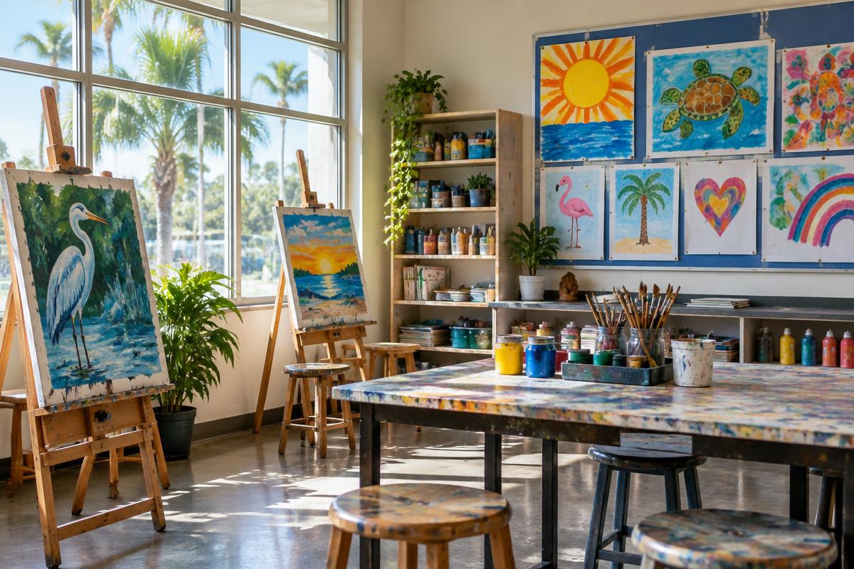 A bright community art classroom ready for students