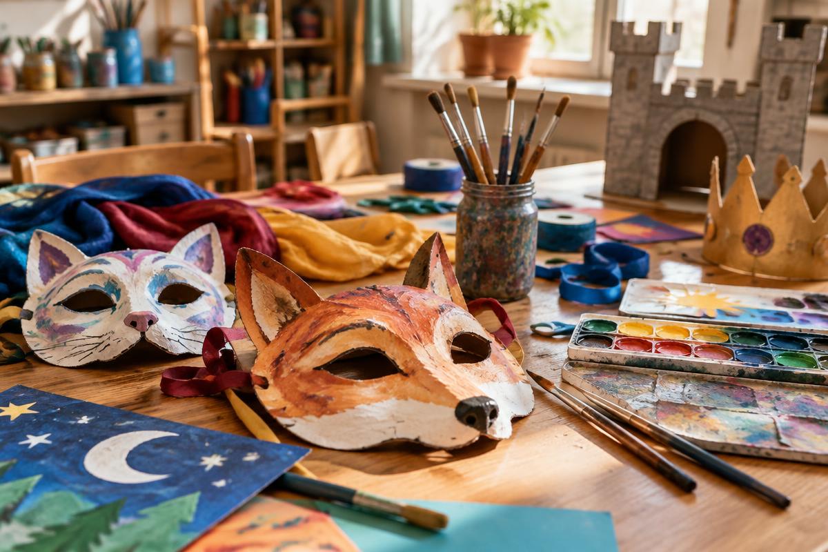 Handmade theater props and art supplies on a table
